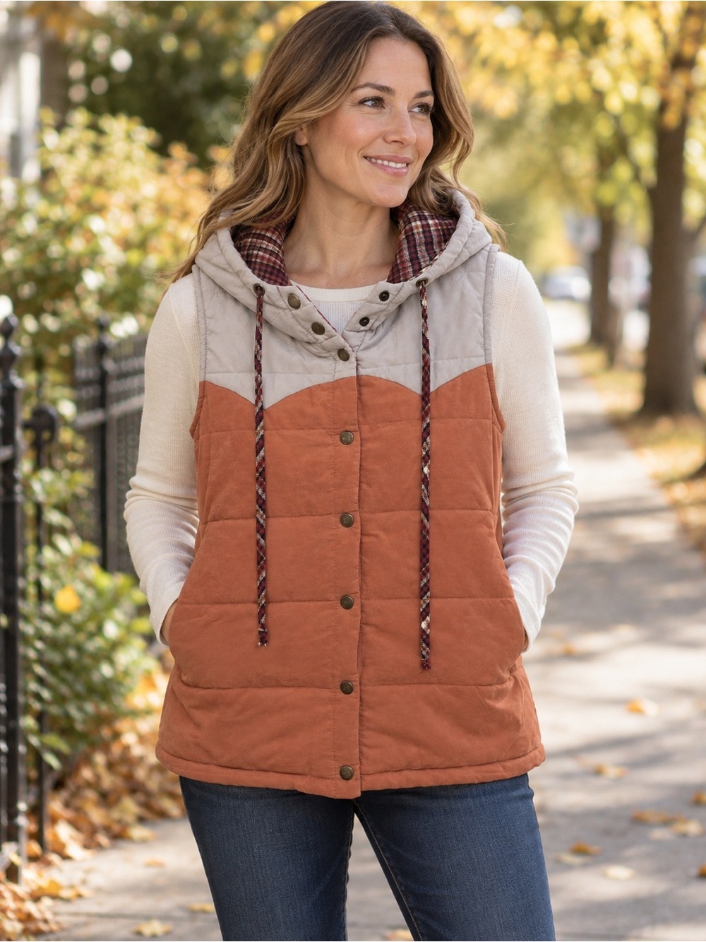 Hem & Thread Rust Gray Hooded Quilted Puffer Vest Plaid Lined Women’s L